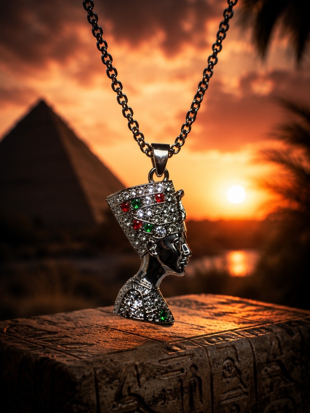 Silver-tone Egyptian Queen Pendant Necklace with Red & Green Accents